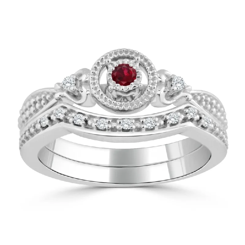 Auriya Round 1/8ct Red Ruby and 1/8cttw Diamond Halo Engagement Ring Set 14k Gold