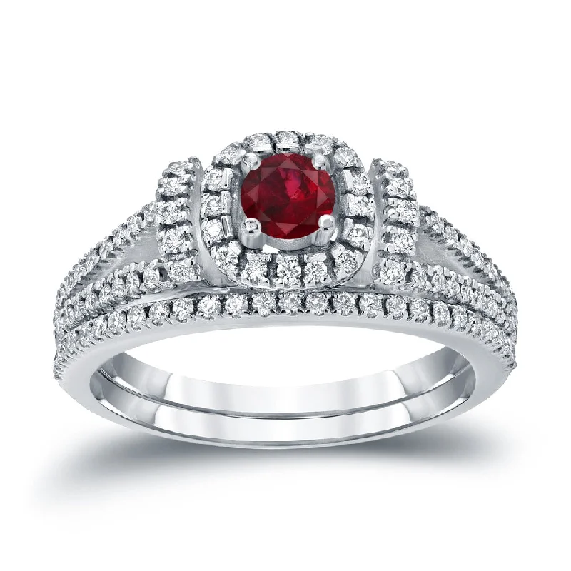 Auriya Modern 1/5ct Red Ruby and 1/2ctw Halo Diamond Engagement Ring Set 14kt Gold