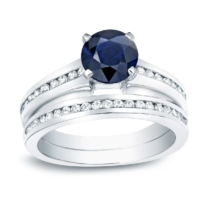 Auriya Platinum 3/4ct Round Blue Sapphire and 3/4ctw Diamond Engagement Ring Set