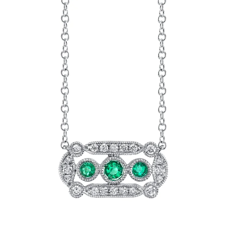 14K White Gold 0.21ct. Emerald & 0.14ct. Diamond Filigree Detailing Fashion Necklace