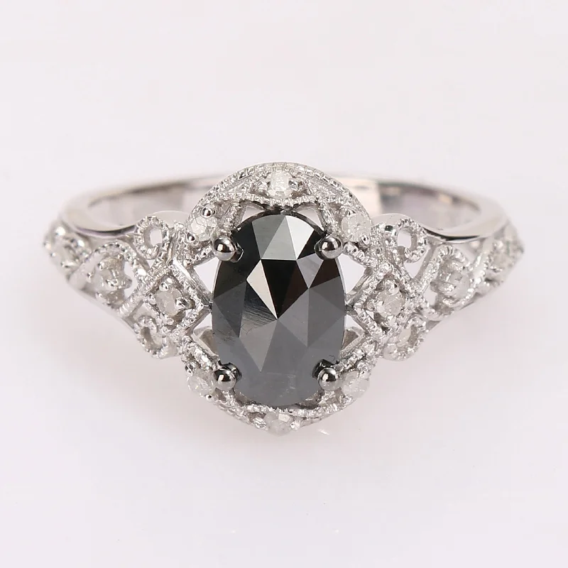 Miadora 10k White Gold 1 1/10ct TDW Oval Black and White Diamond Halo Vintage Engagement Ring