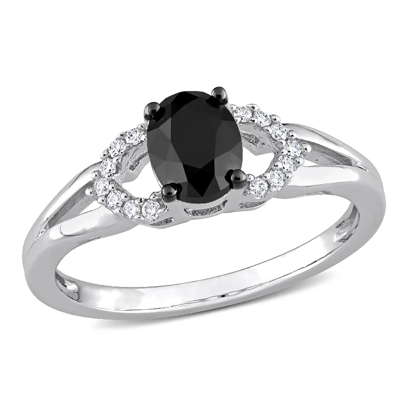 Miadora 1ct TDW Oval-cut Black and White Diamond Split Shank Engagement Ring in 14k White Gold