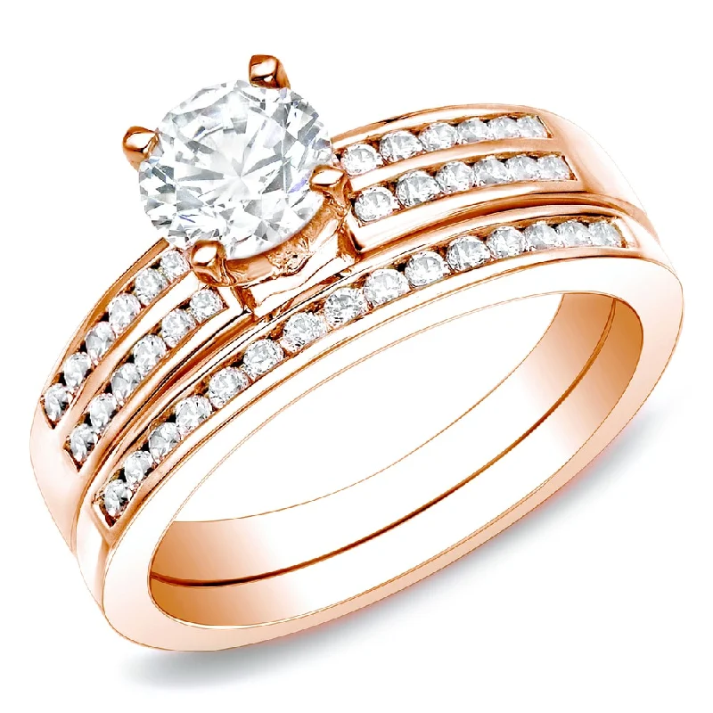 Auriya 14k Rose Gold 1ctw Round Diamond Engagement Ring Set