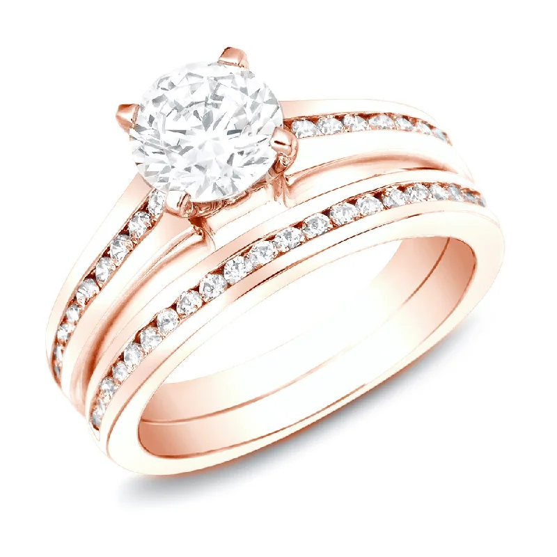 Auriya 14k Rose Gold 1ctw Classic Round Diamond Engagement Ring Set