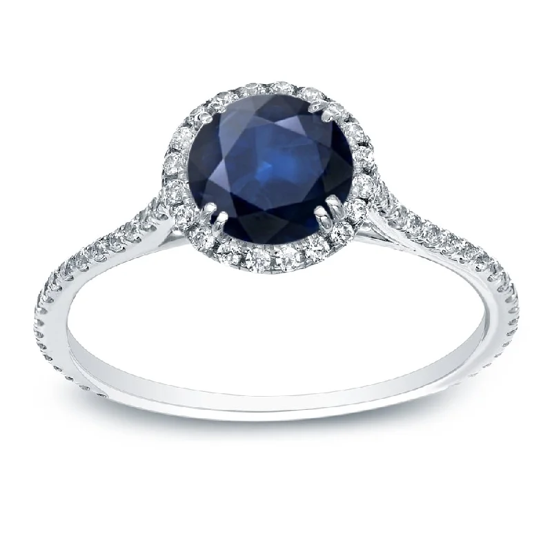 Auriya 14k Gold Petite 3/4ct Round Blue Sapphire with 3/4ctw Diamond Halo Engagement Ring