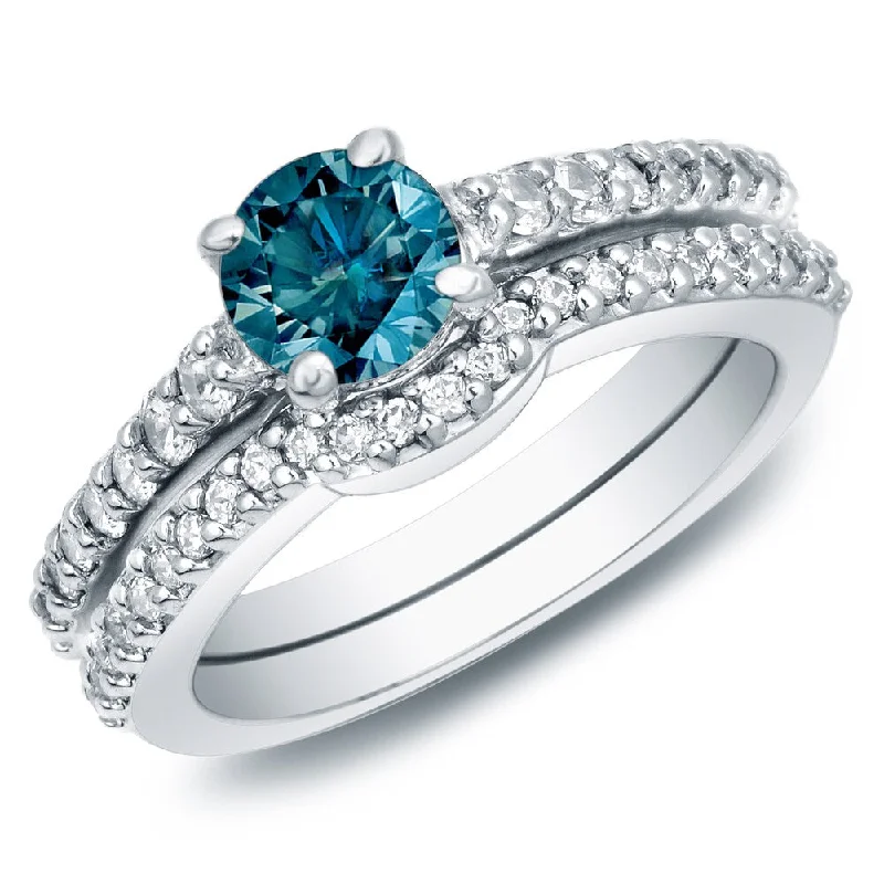 Auriya 14k Gold 1ct TW Round Blue Diamond Engagement Ring Set