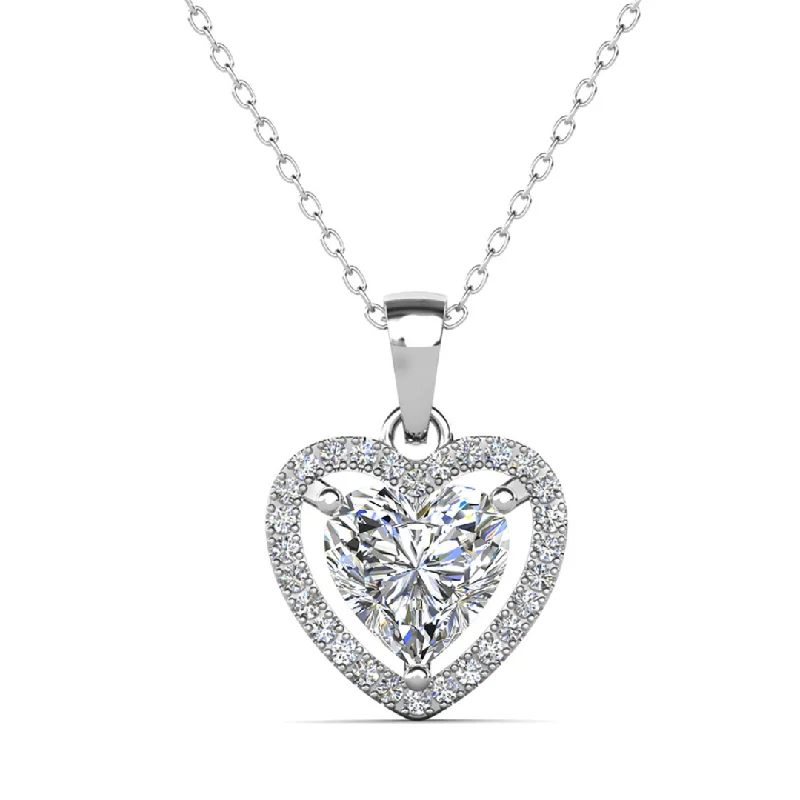 Amora 18k White Gold Plated Halo Heart Pendant Necklace with Simulated Diamond Crystals